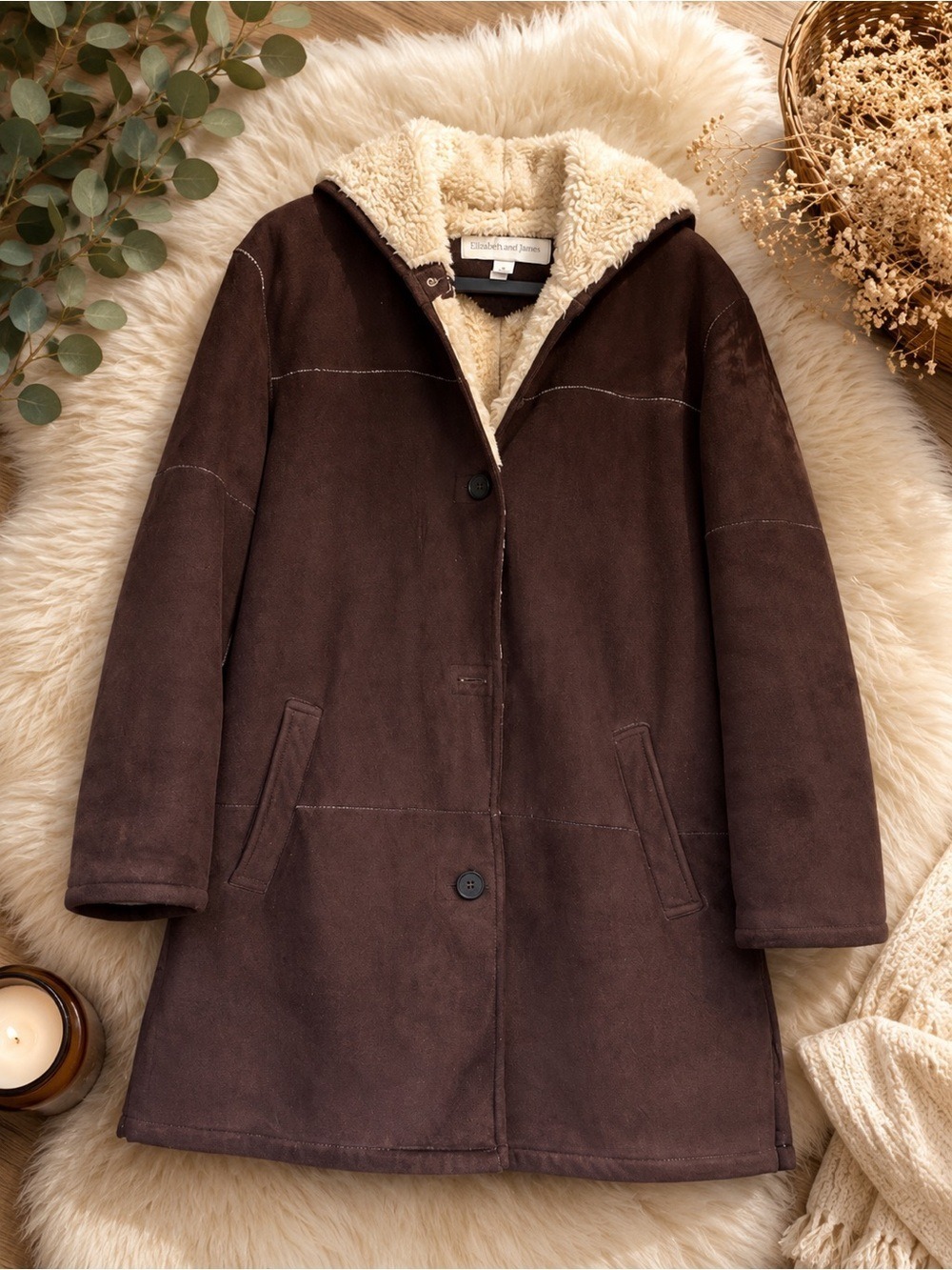 LIZ CLAIBORNE Faux Suede Winter Spring Hooded Brown Coat Jacket Size M OVERSIZE